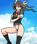  black_legwear bow brown_eyes brown_hair cloud crossed_arms day kantai_collection natumiao remodel_(kantai_collection) shiny shiny_skin solo tone_(kantai_collection) twintails 