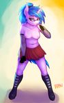  2014 anthro anthrofied blue_hair breasts dickgirl equine eyewear fingerless_gloves friendship_is_magic glasses gloves hair horn intersex jerinov looking_at_viewer mammal my_little_pony nipples skirt solo standing topless two_tone_hair unicorn vinyl_scratch_(mlp) 