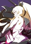  armored_aircraft_carrier_hime ass back bare_shoulders breasts hair_ribbon highres kantai_collection large_breasts long_hair manabebebe overexposure ponytail purple_background red_eyes ribbon sailor_collar sideboob solo very_long_hair white_hair white_skin 