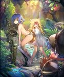  2girls :o animal_ears apple armor arrow bare_legs barefoot blonde_hair blue_eyes blue_hair bow_(weapon) covering embarrassed food forest fruit hat long_hair multicolored_hair multiple_girls nature nude nude_cover original pointy_ears quiver red_hair short_hair stream sweatdrop teddy_(khanshin) thighhighs towel two-tone_hair undressing weapon white_legwear wide-eyed 