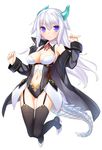  47agdragon black_legwear breasts detached_collar dragon_tail garter_straps highres horns jacket long_hair medium_breasts navel original purple_eyes revision silver_hair smile solo tail thigh_gap thighhighs 