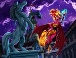  2014 blonde_hair blue_eyes boots clock clothing cloud crown demon equestria_girls equine fangs female fire flying glowing gold hair harwick holes horse looking_at_viewer magic mammal my_little_pony night outside red_hair school sculpture slit_pupils solo stars statue sunset_shimmer_(eg) wings 