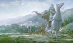  animal armor berserk blurry blurry_background boots day diewahne flag forest full_armor full_body griffith guts helmet horse horseback_riding knight mountain multiple_boys nature outdoors pole riding saddle straddling tree white_fur 