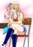  1girl asymmetrical_hair blue_eyes bow bowtie breasts cardigan chair chin_rest cleavage desk ear_studs earrings galko gyaru-ko hair_bun highres jewelry kneehighs kogal large_breasts legs_crossed long_hair loose_necktie loose_tie makkuro_rokusuke necktie one_side_up oshiete!_galko-chan oshiete!_gyaru-ko-chan parted_lips plaid plaid_skirt school_desk school_uniform scrunchie side_bun sitting skirt solo thighs 