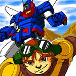  1boy black_eyes brown_hair dark9 goggles jiron_amos lowres male_focus mecha sentou_mecha_xabungle solo xabungle_(mecha) 