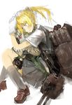  blonde_hair cannon collared_shirt custom_(cus-tom) gloves gunslinger_girl hair_ornament kantai_collection lying maikaze_(kantai_collection) on_side ponytail ribbon school_uniform shirt short_hair sketch skirt smile solo vest 