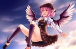  :d anata_(lighttuner) bird_wings dress frilled_dress frilled_sleeves frills hat highres long_sleeves music mystia_lorelei open_mouth outstretched_arm pink_eyes pink_hair shirt short_hair singing smile solo touhou wings 