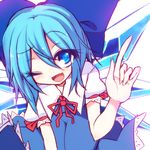  bad_hands bad_proportions blue_eyes blue_hair bow cirno hair_bow ice ice_wings kuresento one_eye_closed open_mouth pointing solo touhou white_background wings 