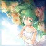  borrowed_character collarbone dress flower green_eyes green_hair hands_together looking_at_viewer original pomo_(lino-lin) saru short_hair smile solo white_dress 