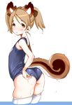  adjusting_clothes adjusting_swimsuit animal_ears ass blush brown_eyes brown_hair elin_(tera) from_behind looking_back mojarin_(kihara_mojarin) one-piece_swimsuit school_swimsuit short_hair skindentation solo squirrel_ears swimsuit tail tera_online thighhighs twintails wading water 