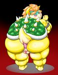  anus beige_skin big_breasts blush bowser breasts butt crossgender cyan_skin female hair koopa looking_back mario_bros muscles nintendo obese orange_hair overweight pink_nails plain_background presenting presenting_hindquarters pussy raised_hands red_background scalie shell short_tail solo spiked_armlet spiked_bracelet spikes spotlight standing sweat sweatdrop translated uncensored video_games yellow-dragon yellow_eyes yellow_skin 