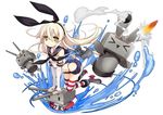  &gt;_&lt; :3 anchor_hair_ornament blonde_hair closed_eyes elbow_gloves firing gloves green_eyes hair_ornament hair_ribbon innertube kantai_collection long_hair looking_at_viewer machinery microskirt open_mouth panties parody puzzle_&amp;_dragons rensouhou-chan ribbon shimakaze_(kantai_collection) skirt smoke solo striped striped_legwear style_parody thighhighs triangle_mouth turret underwear yoshiwo 