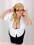  1girl asian blonde_hair breasts brown_eyes cosplay fat glasses headphones hoshima_mika huge_breasts jewelry necklace nitroplus photo plump solo star super_pochaco super_pochaco_(cosplay) 