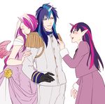  2girls black_gloves blue_hair brother_and_sister closed_eyes cuddling dress epaulettes from_side gloves horn long_hair multicolored_hair multiple_girls my_little_pony my_little_pony_friendship_is_magic otani_(gloria) pink_hair pointy_ears princess_mi_amore_cadenza purple_hair shining_armor siblings twilight_sparkle two-tone_hair uniform white_background wings 