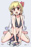  alternate_costume animal barefoot bikini black_bikini blonde_hair blush dog dress_shirt fang flat_chest hair_ribbon iggy_(jojo) jojo_no_kimyou_na_bouken looking_at_viewer navel open_clothes open_mouth open_shirt puuakachan red_eyes ribbon rumia shirt short_hair side-tie_bikini sitting solo swimsuit touhou wariza 