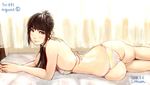  ass bad_id bad_pixiv_id bikini black_hair blush breasts li_(lithium0522) long_hair lying on_bed on_side photo-referenced ponytail small_breasts smile solo swimsuit 