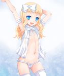  :d arm_garter arms_up blonde_hair blue_eyes flat_chest kay_(utd) long_hair looking_at_viewer navel open_mouth original panties smile solo stomach striped striped_panties underwear white_legwear 