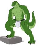  bulge claws clothing dinosaur grin jockstrap male muscles nipple_piercing nipples paws piercing pose reptile scalie skarxun spelunker_sal tyrannosaurus_rex underwear yellow_eyes 