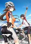  :d arm_up ass bangs bicycle bicycle_helmet bike_jersey bike_shorts black_hair blue_sky bracelet breasts brown_hair chin_strap cloud commentary_request cover day fanny_pack fingerless_gloves floating_hair from_behind gloves grey_hair ground_vehicle hair_between_eyes helmet jewelry kneepits light_smile long_hair long_riders_(doujin) looking_at_viewer looking_back low_ponytail medium_breasts multiple_girls nail_polish open_mouth outdoors outstretched_hand partial_commentary ponytail profile purple_eyes purple_hair red_eyes riding road shima_udon short_hair short_sleeves signature sky smile socks sportswear tree waving 
