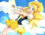  blonde_hair bow cloud cure_honey hair_bow happinesscharge_precure! jabara_tornado looking_at_viewer magical_girl oomori_yuuko open_mouth ponytail precure skirt sky solo wide_ponytail yellow_eyes yellow_skirt 