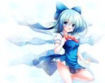  :d blue_dress blue_eyes blue_hair bow cirno commentary dress hair_bow ice ice_wings open_mouth osashin_(osada) puffy_short_sleeves puffy_sleeves shirt short_sleeves smile solo standing standing_on_one_leg touhou wind wind_lift wings 