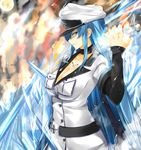  akame_ga_kill! belt blue_eyes blue_hair breasts cleavage detached_sleeves esdeath full_moon hand_up hat highres ice isshiki_(ffmania7) jacket large_breasts long_hair looking_at_viewer looking_to_the_side military military_uniform moon peaked_cap smile solo tattoo uniform very_long_hair 
