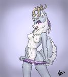  blush breasts canine cervine clothing deer female fur grey_fur horn mammal nipples panties purple_eyes ribs slim underwear wolf 