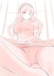  ashigara_(kantai_collection) belt breasts crotch_seam hairband highres kantai_collection large_breasts long_hair monochrome one_eye_closed panties panties_under_pantyhose pantyhose pantyshot pantyshot_(sitting) pink sitting sketch smile solo spread_legs underwear uniform upskirt wa_(genryusui) 
