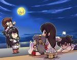  =_= akagi_(kantai_collection) black_hair brown_eyes brown_hair chibi detached_sleeves elbow_gloves fang fingerless_gloves food gloves hand_on_another's_head haruna_(kantai_collection) hisahiko ikazuchi_(kantai_collection) japanese_clothes kaga_(kantai_collection) kantai_collection long_hair mochi moon multiple_girls nagato_(kantai_collection) nontraditional_miko open_mouth pantyhose pointing red_eyes side_ponytail sitting standing_on_shoulder thighhighs wagashi wide_sleeves yellow_eyes 