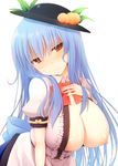 alternate_breast_size blue_hair blush breast_slip breasts food fruit hanging_breasts hat hinanawi_tenshi kujiran large_breasts long_hair looking_at_viewer nipples one_breast_out peach red_eyes simple_background solo touhou white_background 