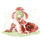  boots cross-laced_footwear dress frilled_dress frilled_sleeves frills front_ponytail green_eyes green_hair hair_ribbon kagiyama_hina ribbon short_sleeves sitting smile touhou yosshii_(ne_ko_matter) 