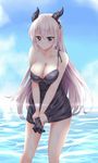  black_dress blush breasts cleavage demon_horns dress horns large_breasts long_hair looking_at_viewer miyuki_rei original pointy_ears purple_eyes silver_hair solo strap_slip water wet wringing_clothes 