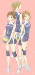  ankle_socks aya_(haikyuu!!) brown_hair haikyuu!! highres knee_pads long_hair michimiya_yui multiple_girls ponytail sasago shoes short_hair sneakers sportswear volleyball 