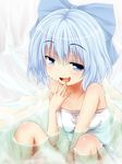  bath bathing blue_eyes blue_hair cirno collarbone fang hand_to_own_mouth highres ice ice_wings looking_at_viewer ma-yu naked_towel naughty_face short_hair smile solo touhou towel wings 