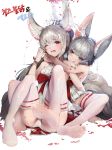  2girls absurdres animal_ear_fluff animal_ears ass bangs bare_shoulders blade_&amp;_soul blush breasts cameltoe center_frills dress eyebrows_visible_through_hair fang feet fox_ears fox_girl fox_tail frilled_legwear garter_straps grey_hair highres hug hug_from_behind legs licking_lips long_hair looking_at_viewer lyn_(blade_&amp;_soul) multiple_girls multiple_tails naughty_face no_shoes one_eye_closed panties pantsu petals ponytail red_eyes ribbon short_dress sideboob silver_hair sitting soles spread_legs stockings tail thighhighs toes tongue tongue_out underwear water wet white_legwear white_panties wince wrist_ribbon yuri 
