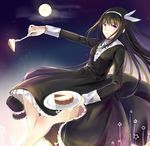  akemi_homura bad_id bad_pixiv_id bare_legs black_hair bow cake dress flower food full_moon funeral_dress hair_bow highres long_hair looking_at_viewer mahou_shoujo_madoka_magica mahou_shoujo_madoka_magica_movie moon purple_eyes smile solo spoilers 