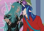  1girl aqua_hair blue_hair chin_grab crown dark_skin glowing glowing_eyes horn long_hair my_little_pony my_little_pony_friendship_is_magic otani_(gloria) personification pointy_ears queen_chrysalis shining_armor torn_clothes uniform wings 