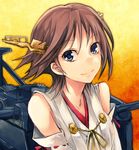  ang bare_shoulders blue_eyes brown_hair collarbone detached_sleeves headgear hiei_(kantai_collection) kantai_collection looking_at_viewer machinery nontraditional_miko short_hair smile solo turret upper_body 