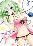  babydoll blue_eyes braid clown_222 green_hair groin hair_ornament hairpin heart heart_of_string komeiji_koishi lying mouth_hold navel ribbon ribbon_in_mouth solo thigh_strap third_eye touhou 