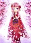  :d cherry_blossoms clapping flower hair_flower hair_ornament japanese_clothes kay_(utd) kimono long_hair looking_at_viewer open_mouth original petals pink_hair purple_eyes rose smile solo 