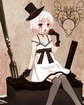  albino black_gloves bow brown brown_bow cake chocolate chocolate_cake chocolate_heart dress fishnet_legwear fishnets food fork garter_straps gloves hat heart kay_(utd) looking_at_viewer open_mouth original red_eyes short_hair sitting solo valentine white_dress white_hair 