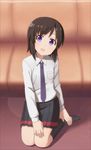  blush brown_hair couch dacchi futsuu_no_joshikousei_ga_locodol_yattemita highres looking_at_viewer open_mouth purple_eyes school_uniform short_hair sitting skirt smile solo usami_nanako yokozuwari 