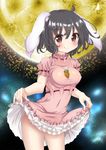  alternate_breast_size animal_ears black_hair blush breasts bunny_ears carrot carrot_necklace covered_nipples dress dress_lift full_moon inaba_tewi jewelry large_breasts licking_lips moon necklace pendant pink_dress puffy_short_sleeves puffy_sleeves short_sleeves smile solo tongue tongue_out touhou unushi 