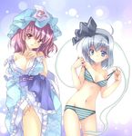  bare_shoulders blue_eyes bra breasts cleavage green_bra green_panties hairband hat konpaku_youmu konpaku_youmu_(ghost) large_breasts multiple_girls navel obi panties pink_eyes pink_hair ribbon saigyouji_yuyuko sash short_hair silver_hair sleeves_past_wrists small_breasts striped striped_bra striped_panties touhou underwear underwear_only undressing yutamitan 