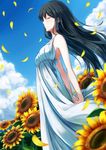  arms_behind_back black_hair blurry closed_eyes cloud day depth_of_field dress flower highres nicoby original petals profile sky solo sundress sunflower 