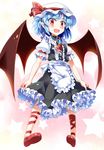  alternate_costume apron ascot bat_wings black_dress blue_hair brooch dress e.o. enmaided hat jewelry leg_ribbon maid mob_cap open_mouth pointy_ears puffy_short_sleeves puffy_sleeves red_eyes remilia_scarlet ribbon shirt short_sleeves smile solo touhou waist_apron wings 