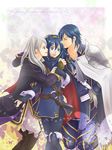  1boy 2girls blue_eyes blue_hair family father_and_daughter fire_emblem fire_emblem:_kakusei husband_and_wife krom lucina mother_and_daughter multiple_girls my_unit my_unit_(fire_emblem:_kakusei) nintendo sandwiched white_hair 