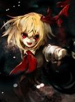  ascot blonde_hair darkness fangs hair_ornament hair_ribbon long_sleeves looking_at_viewer no-kan open_mouth outstretched_arms red_eyes ribbon rumia shirt short_hair skirt skirt_set smile solo touhou vest 