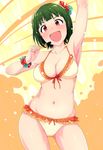  :d arm_up armpits bikini blush bracelet breasts collarbone contrapposto cowboy_shot flower frilled_bikini frills front-tie_bikini front-tie_top green_hair hair_flower hair_ornament headset highres idolmaster idolmaster_(classic) jewelry medium_breasts mole mole_under_mouth navel open_mouth orange_bikini otonashi_kotori red_eyes short_hair smile solo standing swimsuit tsurui v-shaped_eyebrows 