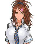  bachou_mouki breasts brown_eyes brown_hair earrings highres ikkitousen ikkitousen_xtreme_xecutor jewelry large_breasts long_hair nameo_(judgemasterkou) necktie popped_collar school_uniform scrunchie solo 